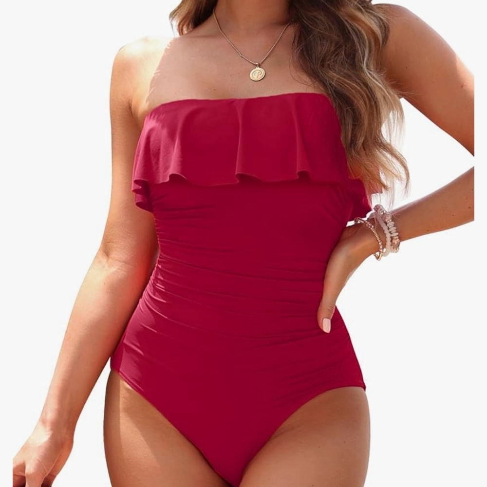 Red Ruffled Women Swim One Piece